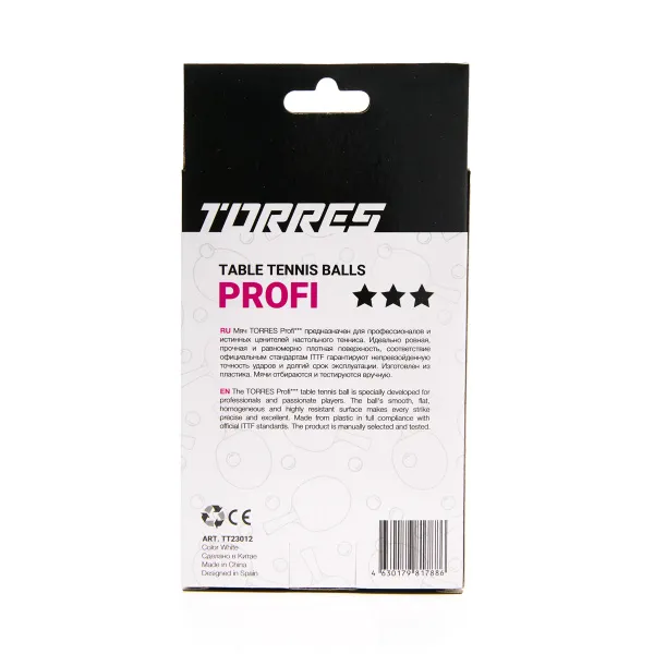 Мяч для наст. тенниса TORRES Profi 3*, TT23012, диам. 40+мм, упак. 6 шт, белый за 338.30 ₽ в Улан-Удэ